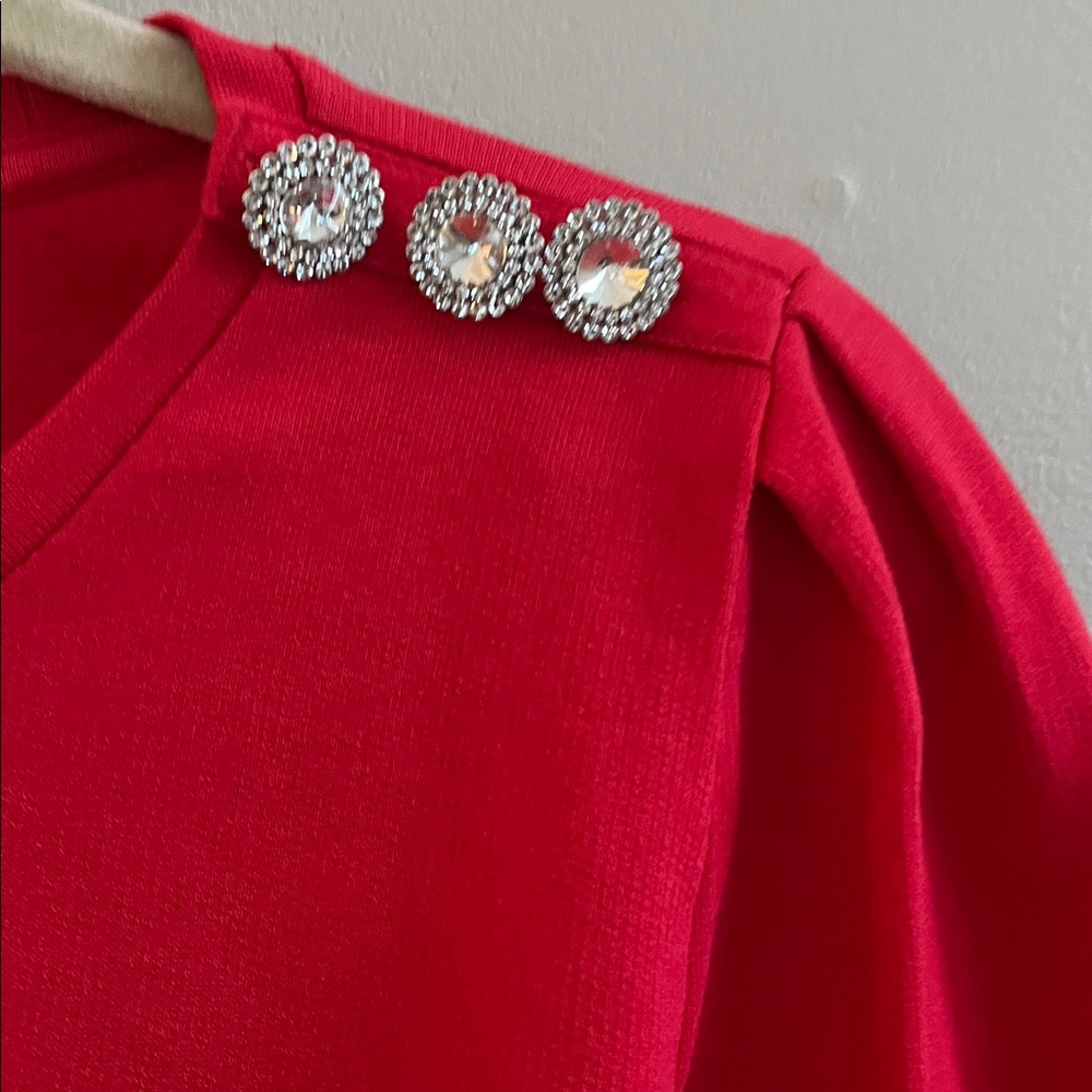 J Crew red puff sleeve dressy sweatshirt top beaded shoulder size small - Picture 8 of 15